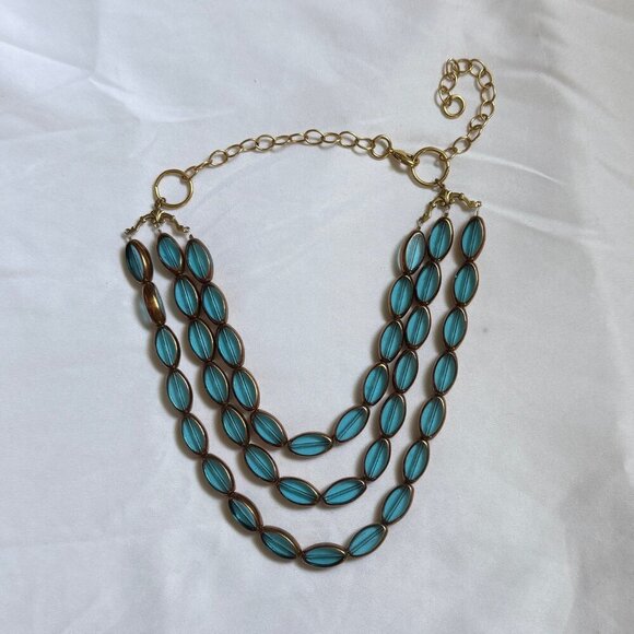 💙 Teal Blue Beaded Statement Necklace 3-Strand Gold Hardware - Picture 2 of 8